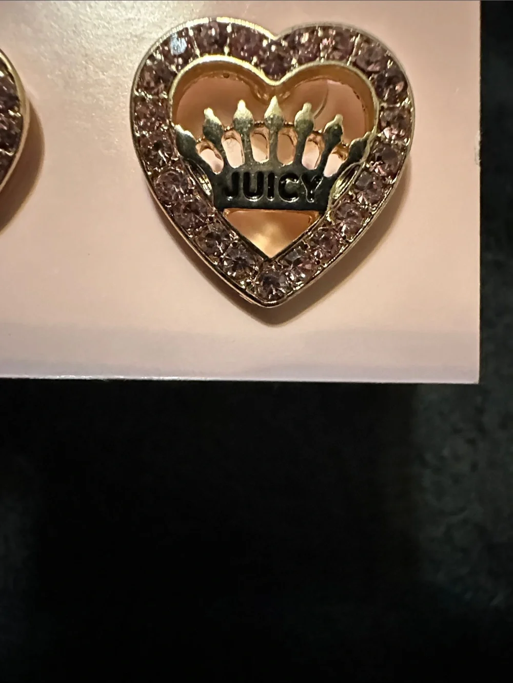 Juicy Couture NEW Gold Heart Crown Stud Earrings with Pink Crystals